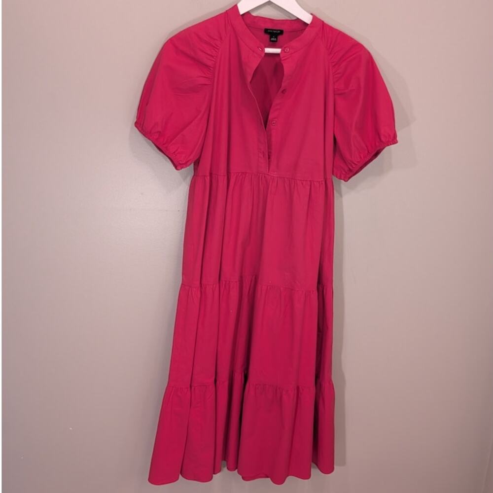 Ann Taylor Dress Tiered Puff Sleeve Bright Cottage Coastal Breezy Chic - Size S